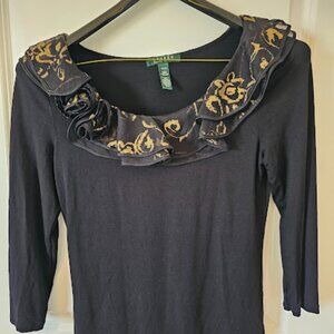 Ralph Lauren, Med., Black, 3/4 Sleeve, Ruffle Neck